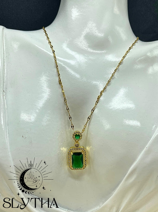 Collier Cristal Vert et zircon en acier inoxydable