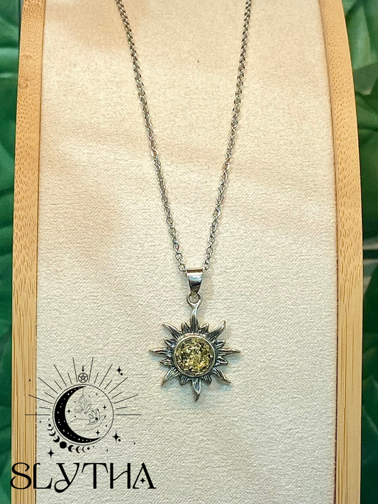 Collier en ambre vert - Soleil - Argent 925